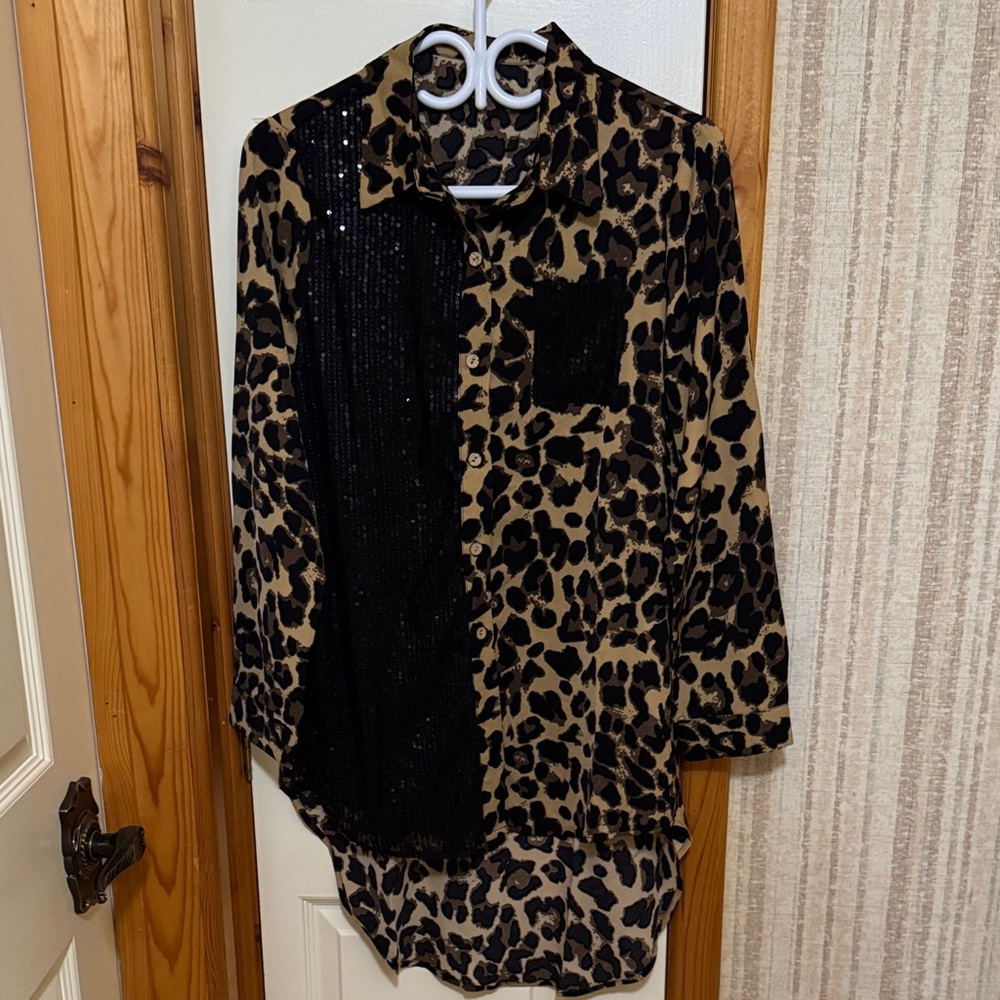 Leopard Print Button-Up Shirt with Black Sequin Detail